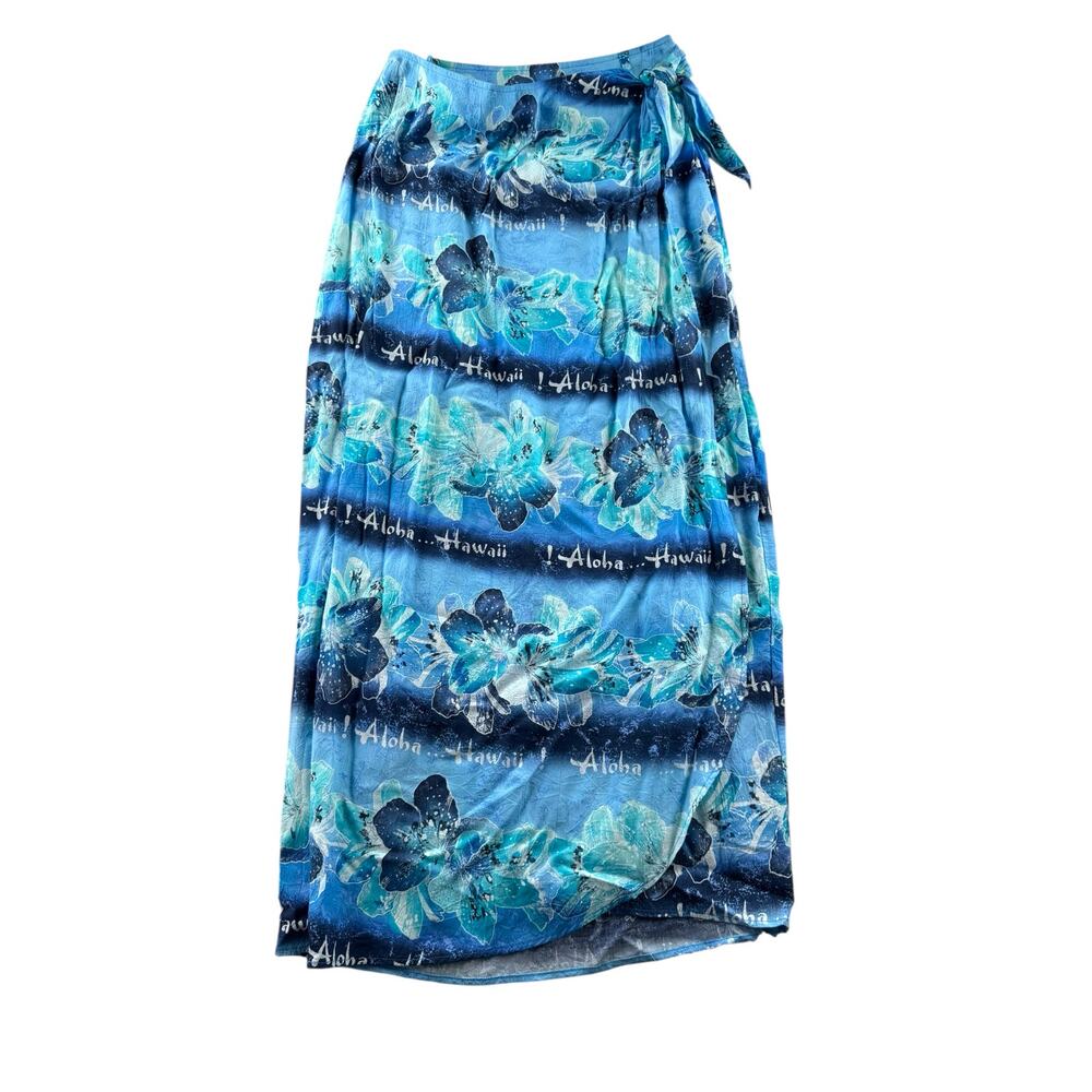 Vintage Jams World Sarong Wrap Skirt M Blue Floral Hawaiian 90s Resort Vtg Aloha